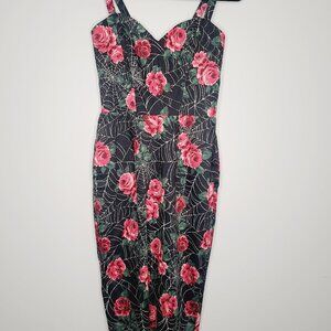 Vixen by Micheline Pitt Pink Roses and Spiderweb Wiggle Dress Size M NWT